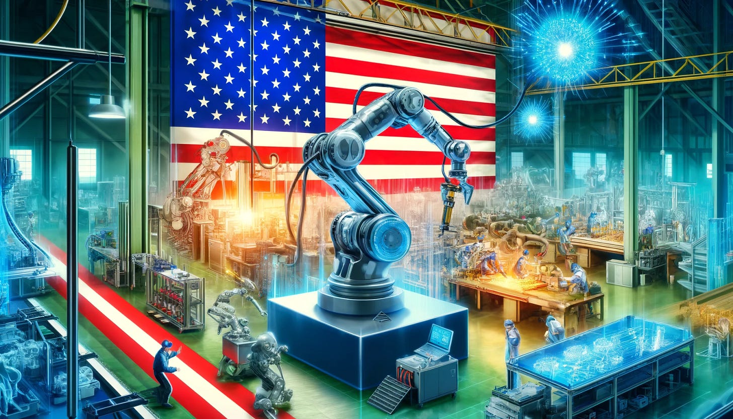 A vibrant and patriotic scene of an American manufacturing facility. The background features American flags and symbols of American pride. The facility is bustling with activity, showcasing advanced robots and automation systems efficiently assembling products. Workers are seen collaborating with the robots, representing a harmonious blend of human and machine labor. The overall atmosphere is positive and forward-looking, highlighting the benefits of automation in strengthening American manufacturing.