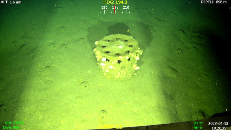 Image of a barrel-shaped object on the San Pedro Basin seafloor.