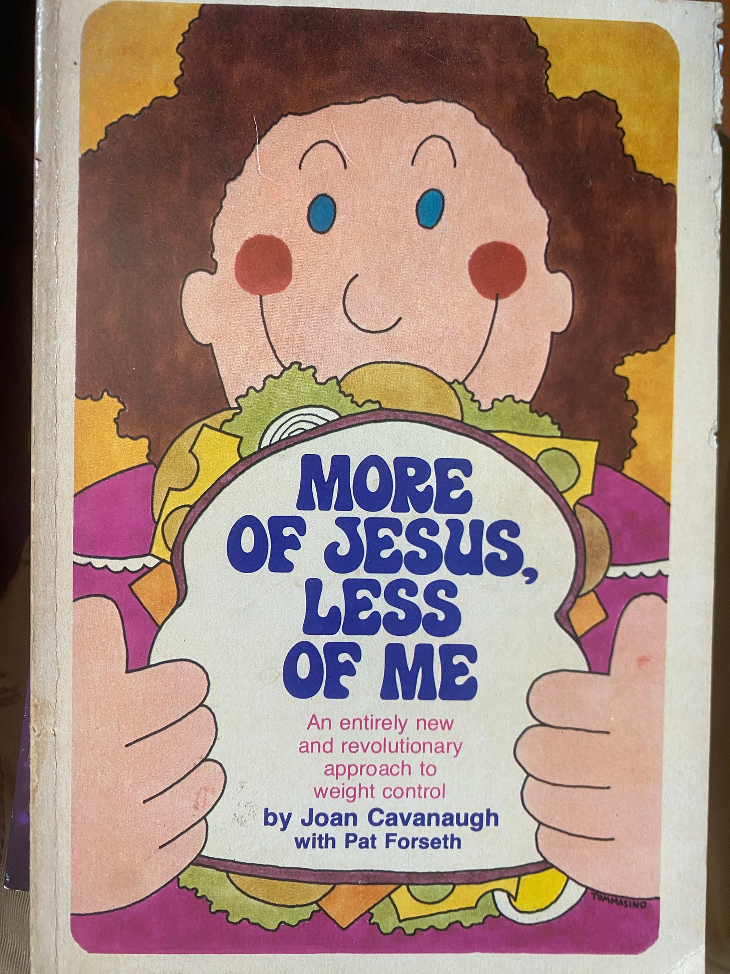 Book reads "more of jesus less of me" with cartoon person and sandwich