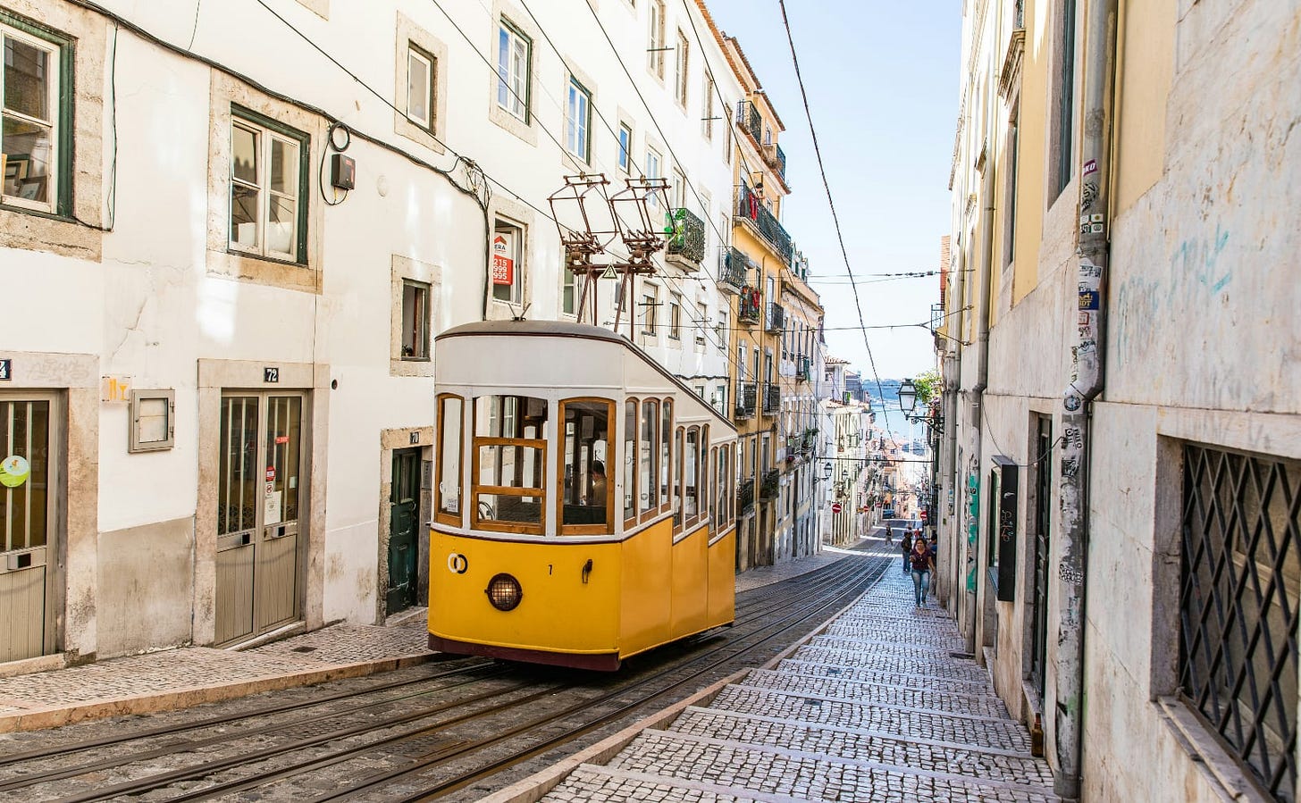 yellow tram going up a hill between two white buildings in lisbon with water in the background