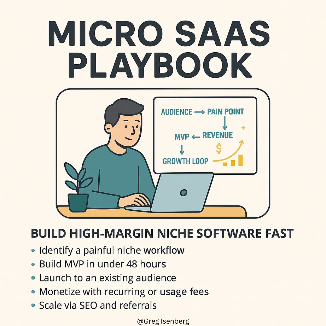 Image showing a Micro SaaS playbook with steps to build high-margin niche software, including finding pain points, launching MVPs, and scaling via SEO.