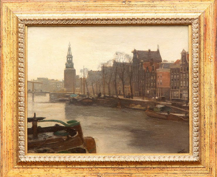 'Gezicht op de Oude Waal bij de Montelbaanstoren' olieverf op doek: Willem Witsen (Veilinggebouw De Zwaan kavel: 4571 'Gezicht op de Oude Waal bij de Montelbaanstoren' olieverf op doek: Willem Witsen (Veilinggebouw De Zwaan kavel: 4571