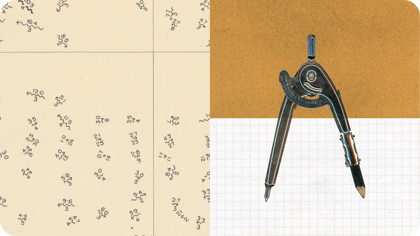 Collage de un cuaderno con notación matemática y un compás de dibujo técnico, publicado por IA en Español junto al artículo original