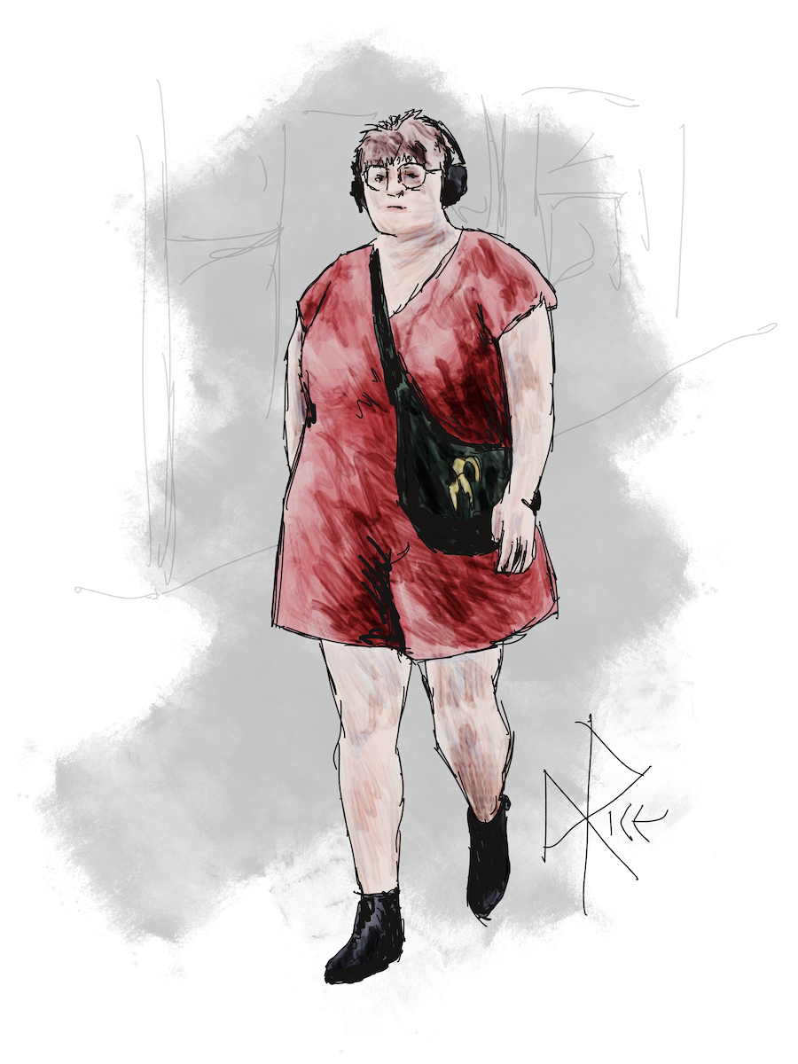 A woman wearing a red linen romper and large headphones, walking on a sidewalk. Sketch art by Don Rice. A woman wearing a red linen romper and large headphones, walking on a sidewalk. Sketch art by Don Rice.