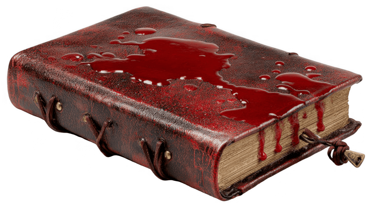 Leather bound journal stained with blood on transparent background ...