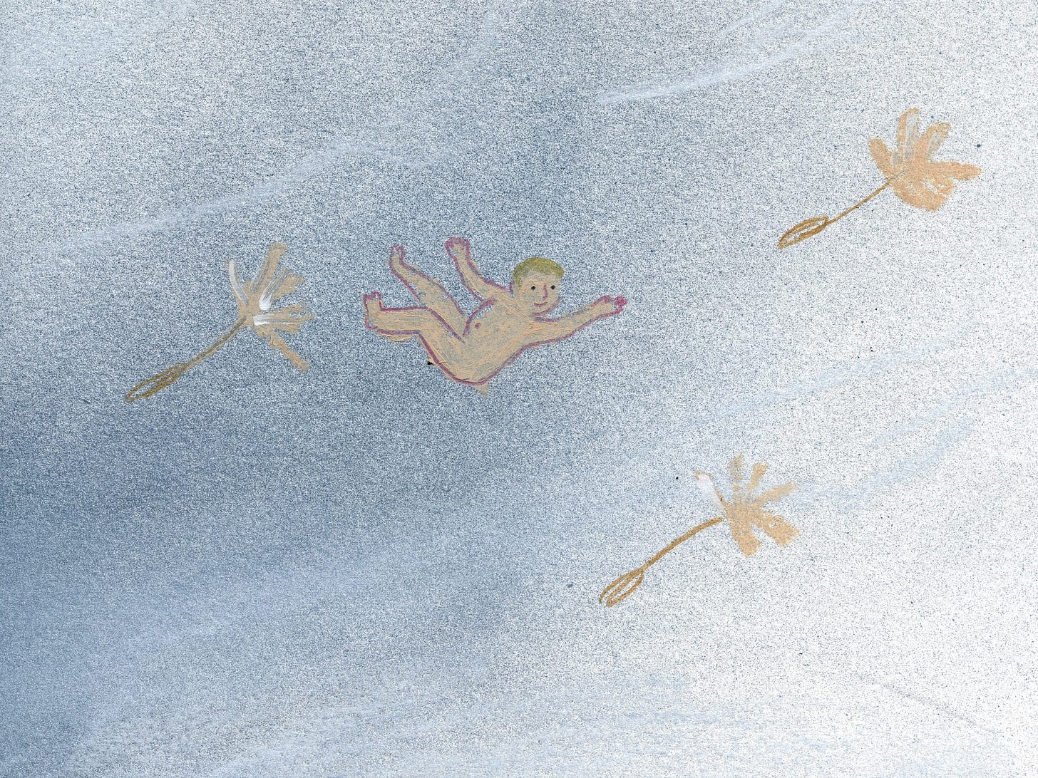 Illustration of a pink baby floating through the air with dandelion seeds