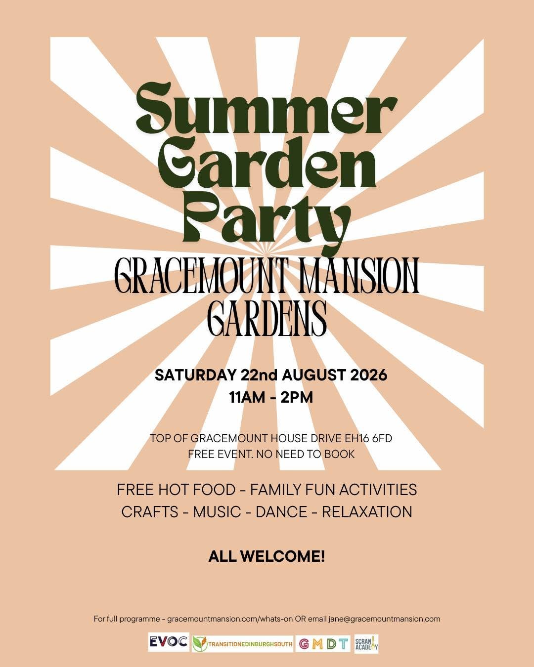 May be an image of text that says "Summer Garden Partv GRACEMOUNT MANSION GARDENS SATURDAY 22nd AUGUST 2026 11AM- 2PM TOP OF GRACEMOUNT HOUSE DRIVE 16 6FD FREE EVENT. NO NEED to K FREE HOT FOOD -FAMILY FUN ACTIVITIES CRAFTS- MUSIC- -DANCE RELAXATION ALL WELCOME! For Forful full programme- gracemountmanslon.com/whate-cn OR email មួរអាយលោមអានអេំណេន eljane@gracemcuntmansion.com EVOC υ T NCADET"