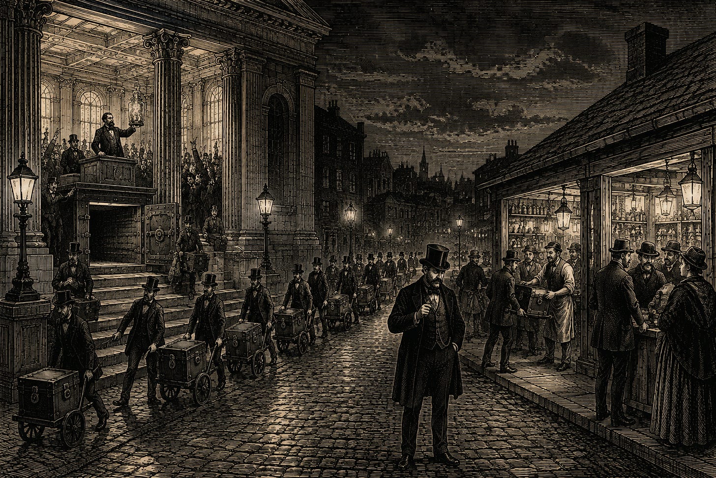 Wood-engraving editorial illustration in the Thomas Nast Harper's Weekly style for Attention Capital's essay The Default Nobody Declared, showing advertising budgets rotating out of the exposure market. A nighttime procession of strongboxes leaves a grand exchange and crosses the street into a lantern-lit market house where individual proprietors serve crowds of regulars, while a banker times the movement on his pocket watch. The image argues the essay's Section III tape: creator economy ad spend grew from $13.9 billion in 2021 to $37 billion in 2025, about four times the total market's growth rate, while linear TV's share collapsed. Keywords: creator economy ad spend, IAB, linear TV decline, advertising budget allocation, media finance.
