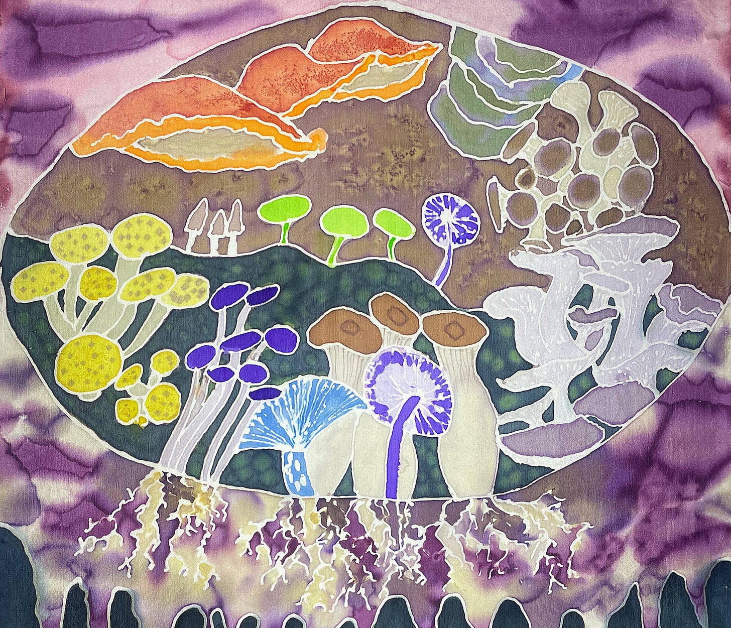 Detailed silk painting of multiple mushroom varieties and fungi in natural colors