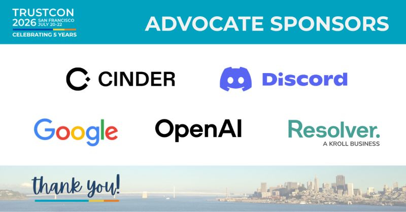 Every great cause needs advocates, and we are incredibly grateful to have  these Advocates on our side at TrustCon: Cinder, Discord, Google, OpenAI,  and Resolver, a Kroll Business. Thanks for showing… |
