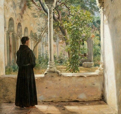 This may contain: a painting of a woman looking out an arched window