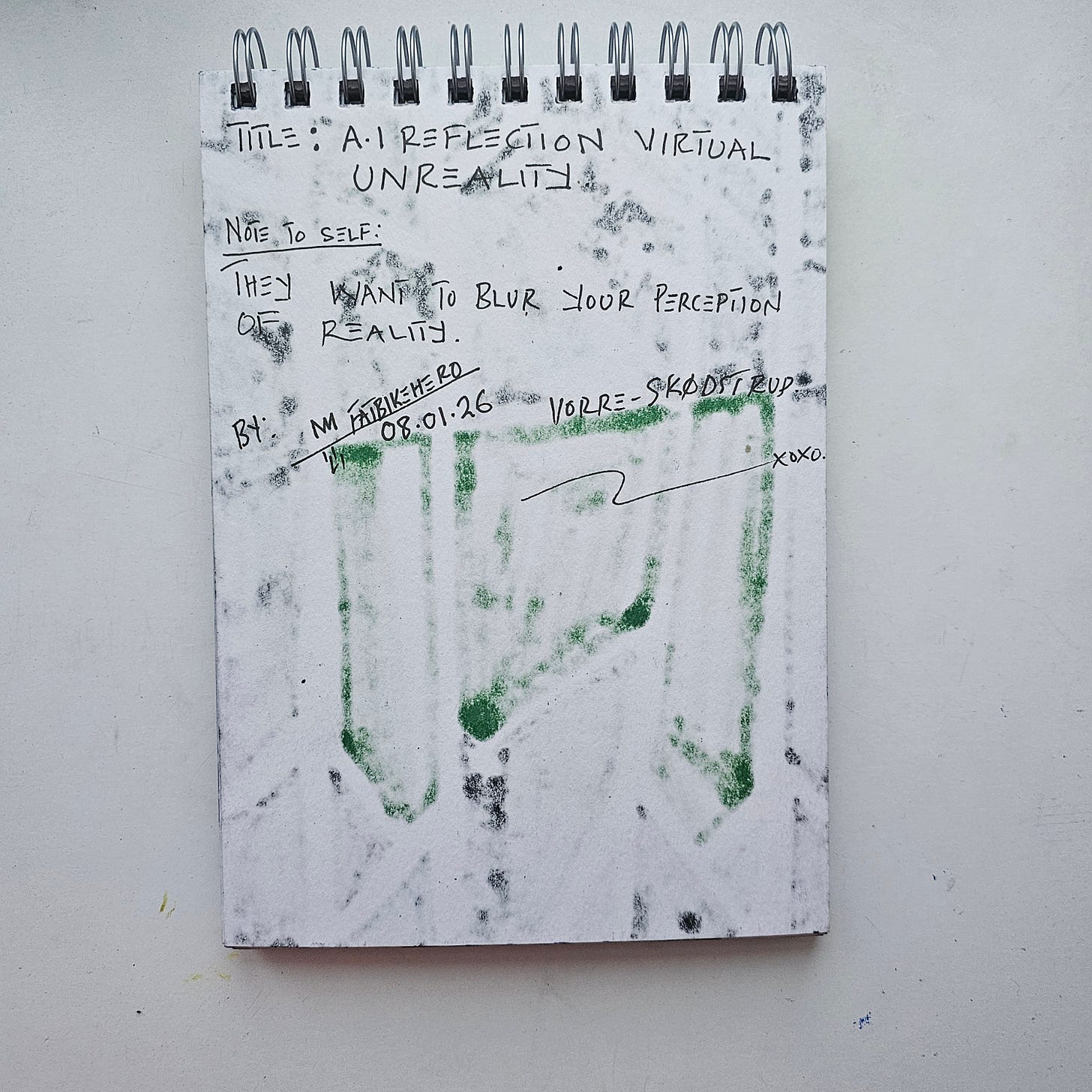 "A.I Reflection Virtual Unreality (2026) by FatbikeHero. A high-contrast marker drawing featuring a black background and a 'glitch' green overlay, exploring the blurring of reality in the AI age. Created in Vorre-Skødstrup."