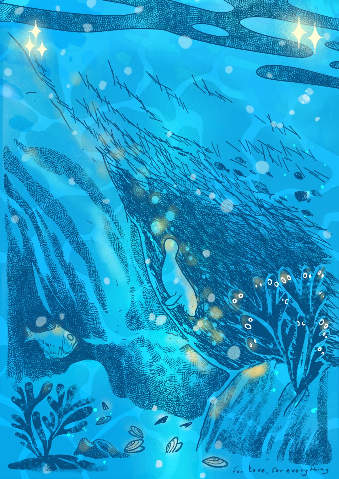 un lamantino si immerge in un fondale marino osservato da varie creature fantastiche in un'illustrazione ispirata a una tavola realizzata da tove jannsonn per i moomin