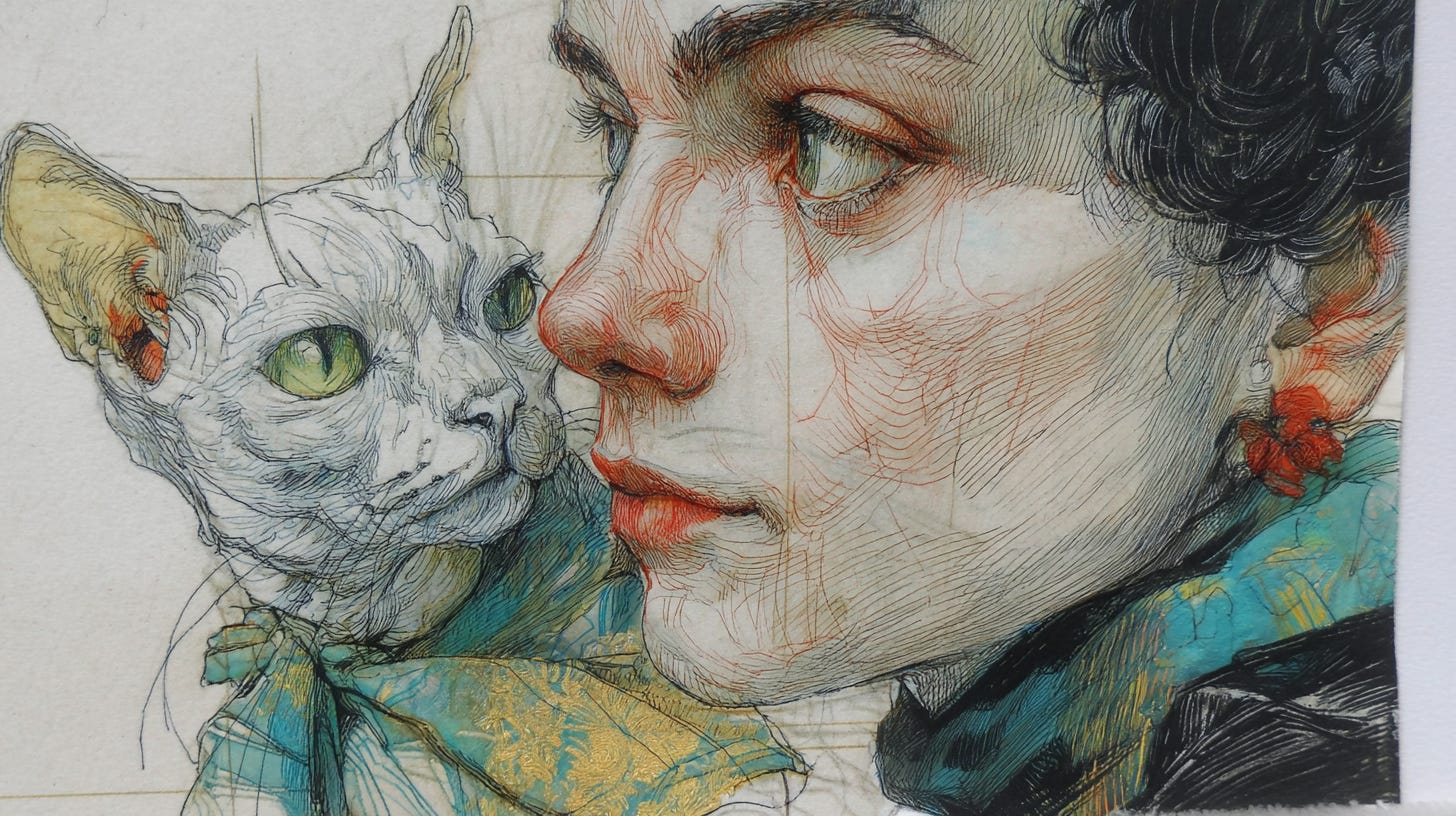 a lady and a cat --ar 16:9 --sref 465971702 --profile xjh8d26 --sv 4 --v 7