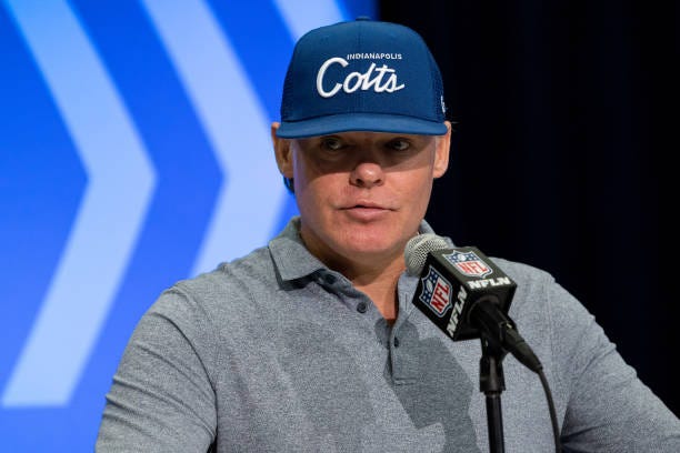 General Manager Chris Ballard of the Indianapolis Colts speaks to the media during the NFL Combine at the Indiana Convention Center on February 28,...