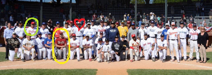 Dellucci (yellow circle), Soriano (red heart) & Abreu (green circle) played together in the '15 HOF Classic game. Dellucci (yellow circle), Soriano (red heart) & Abreu (green circle) played together in the '15 HOF Classic game.