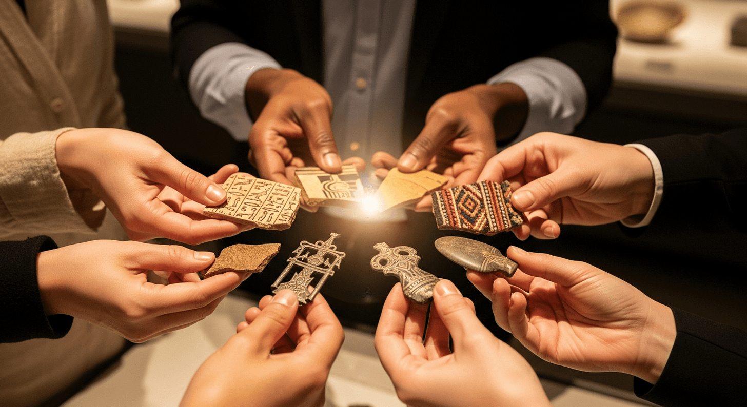 Collaborative stewardship concept showing hands of different backgrounds working together with cultural artifacts