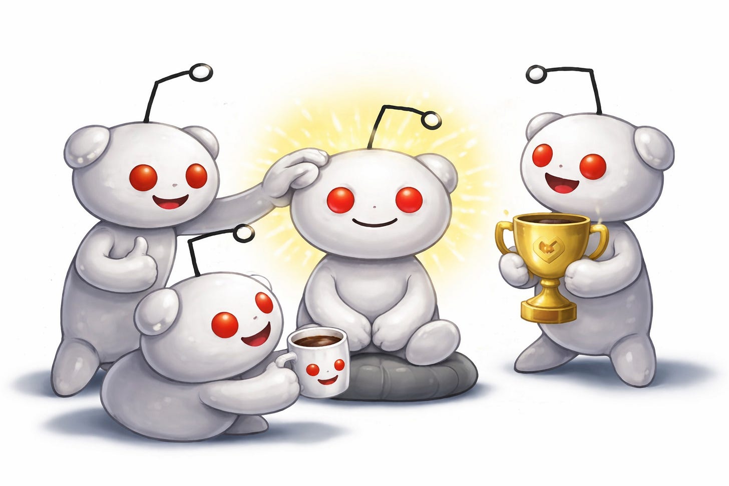 A group of smiling Reddit mascots celebrating and handing a trophy and coffee to a mascot in the center. A group of smiling Reddit mascots celebrating and handing a trophy and coffee to a mascot in the center.
