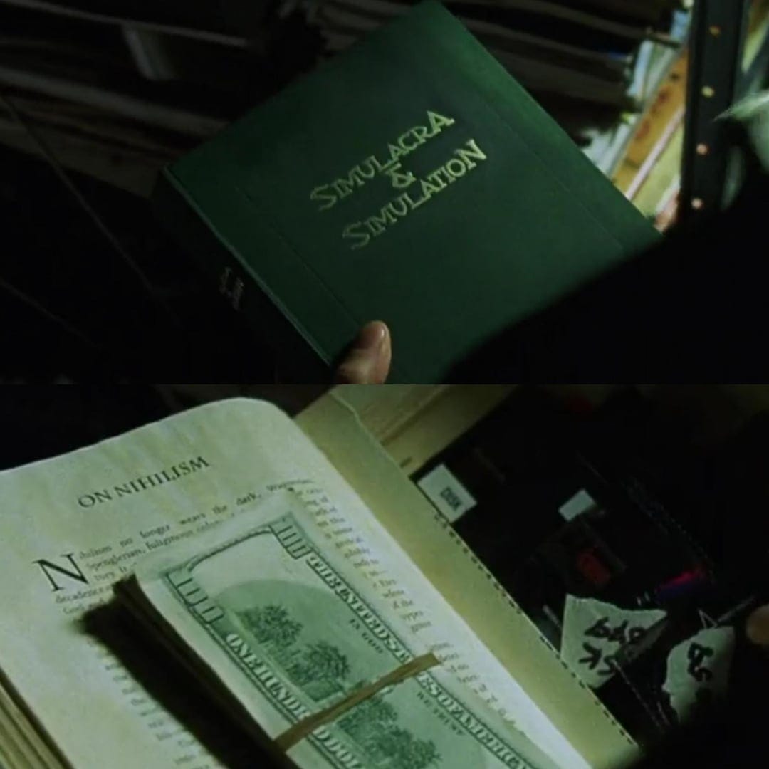 In The Matrix (1999), the book Neo hides his programs in is titled  "Simulacra and Simulation", a novel from 1981 that talks about  relationships in reality and society. And the chapter they're