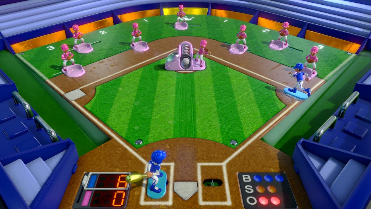 Toy Baseball. There are 2 outs, and the score is 6-0, blue team up. Blue is batting, and there is a runner on 1st. There are 8 pink fielders (including a pitcher) in the top half of the screen.