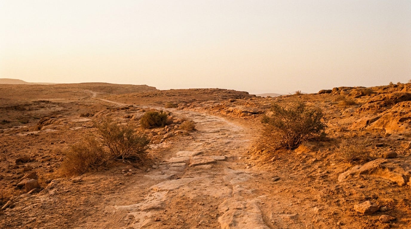Dry red sandstone highlands of Edom at dawn with an ancient stone road winding through barren hills, no people, no text Dry red sandstone highlands of Edom at dawn with an ancient stone road winding through barren hills, no people, no text