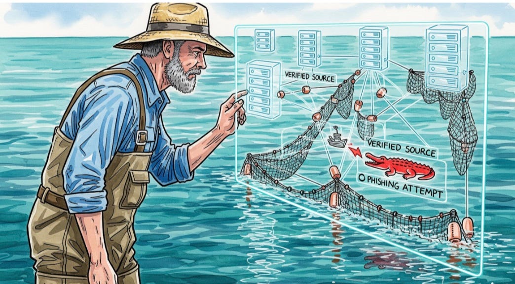 Shrimp trawler owner studying invisible AI helps.
