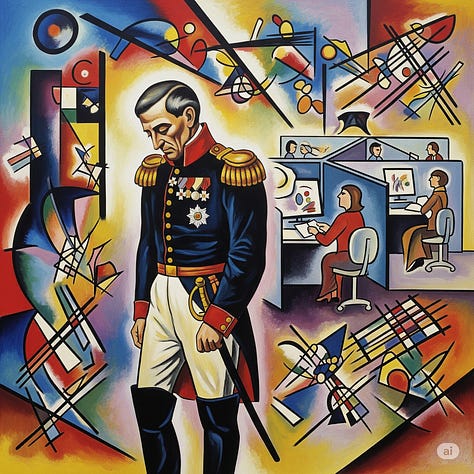 Various shitposts of military scholar Clausewitz and friends being RIF'd by the government. Yes, It's AI generated in different styles like Realism, 60's cartoon, Kandinsky, Shojo Anime, but... why not?