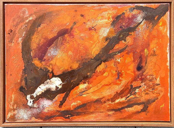Two versions of a red ochre-based abstract - the second  much fuller than the first