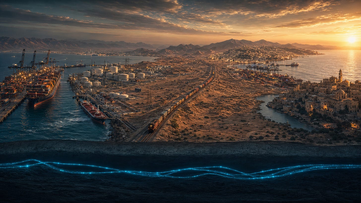 Wide cinematic landscape composite showing the IMEC corridor route from Indian ports on the left through Gulf and Saudi Arabian terrain in the middle to Israeli and European Mediterranean coastlines on the right, with faint glowing lines below the surface suggesting undersea fiber-optic cables.