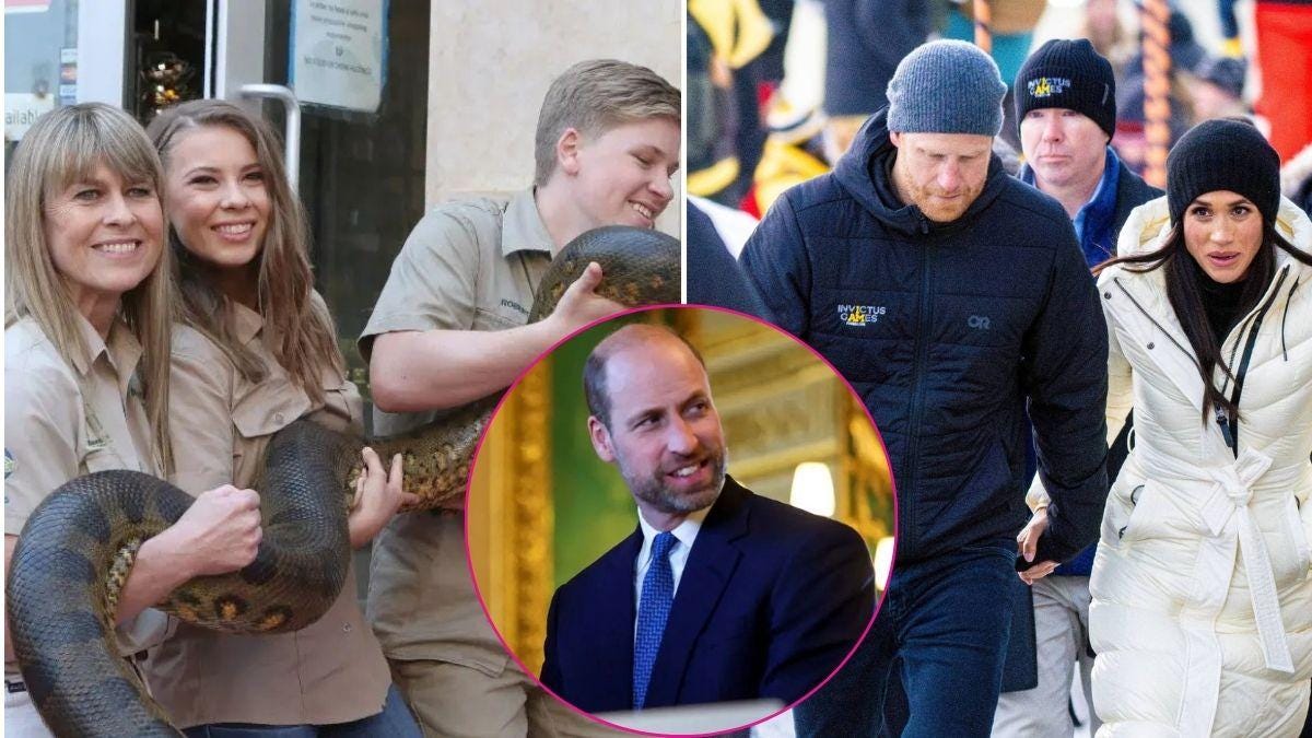 image split of Irwin family, prince William and prince harry/meghan markle image split of Irwin family, prince William and prince harry/meghan markle