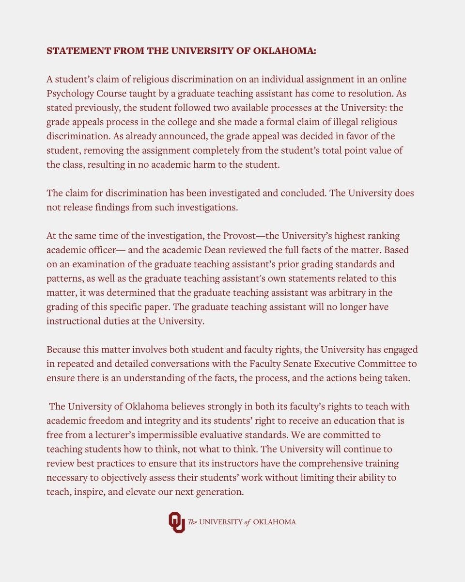 Univ. of Oklahoma punishes instructor for failing Christian student who ...