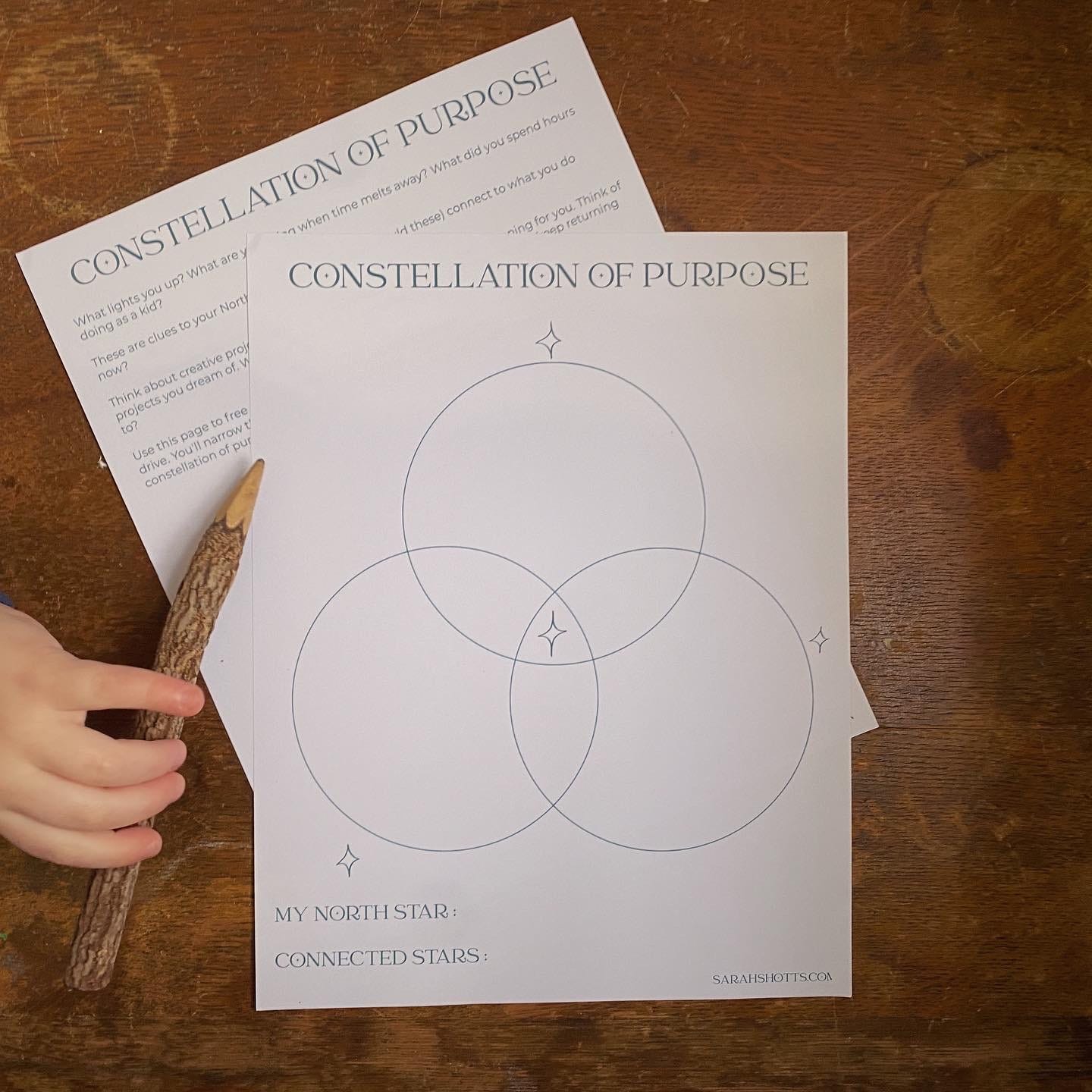 Constellation of Purpose Worksheets with a small hand holding a twig pencil