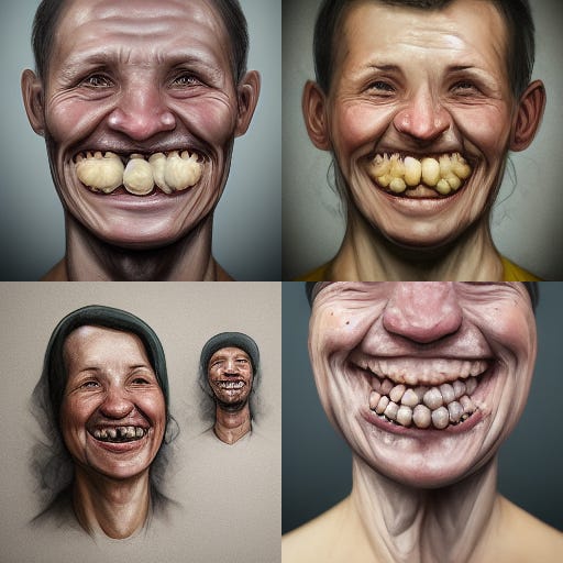 r/midjourney - I just typed 'people without teeth smiling,realistic'........What the hell even is this!!!😨
