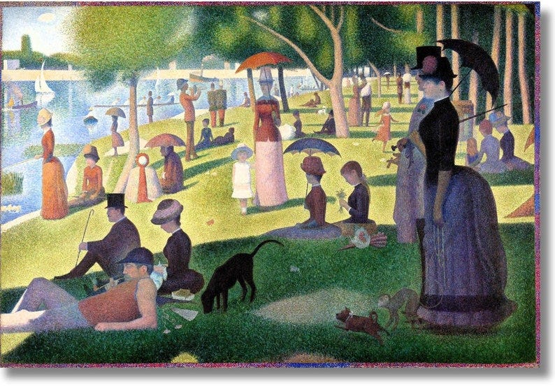 May include: A pointillist painting depicting a park scene with numerous figures.  People are shown relaxing under trees and umbrellas, near a body of water with sailboats. The painting uses a palette of greens, blues, and muted purples.  The style is characterized by small, distinct dots of color.