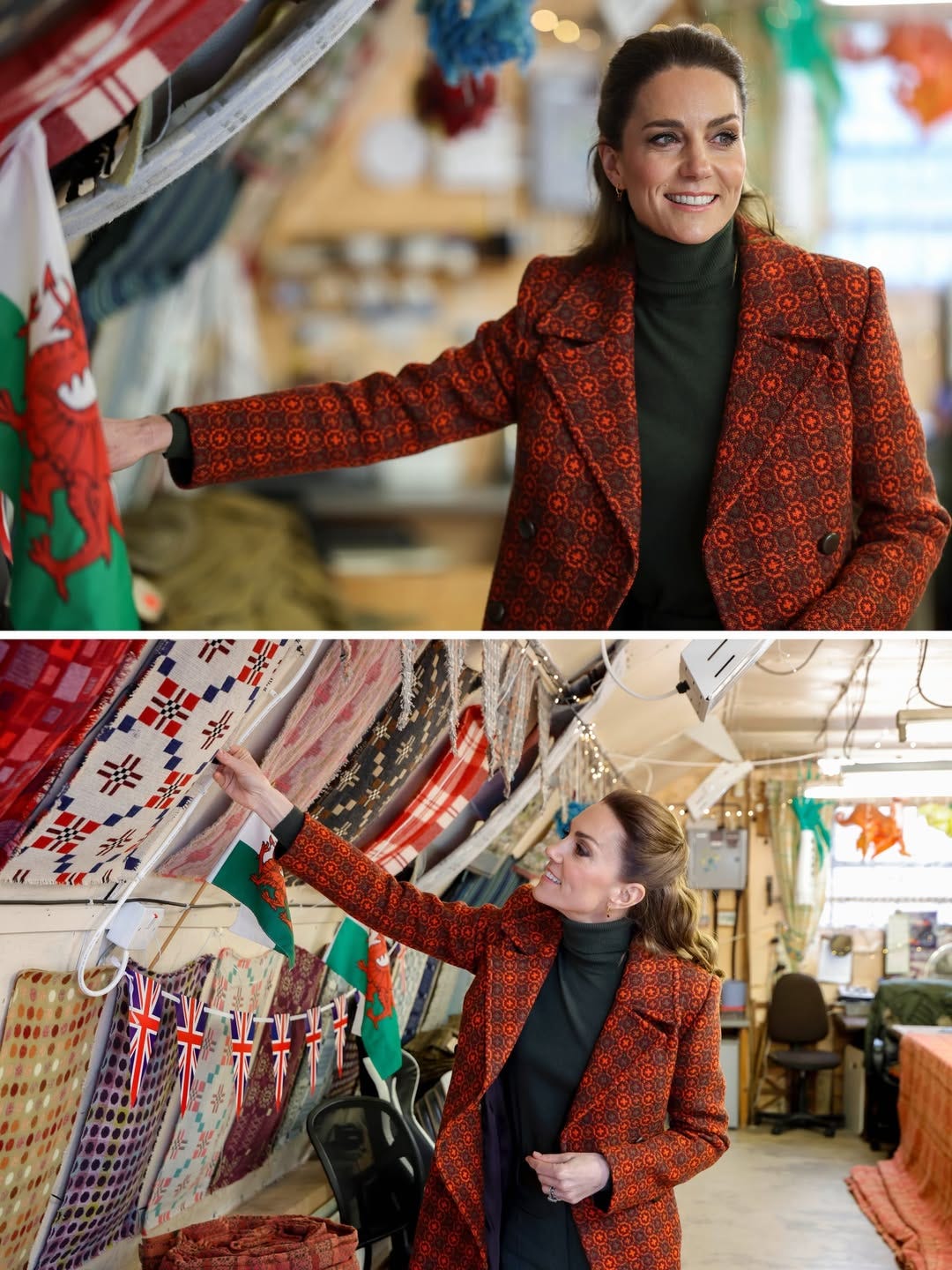 Princess Catherine smiling, looking at textiles wearing an orange coat