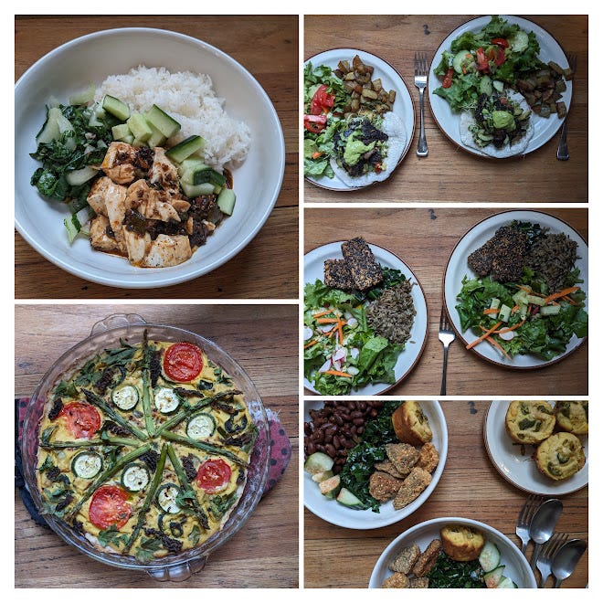 1) ma po morel 2) morel gryos on sourdough pita 3) morel wild rice, furikake tofu, salad 4) fried morels, kale, jalapeño masa muffins, stewed cranberry beans 5) frittata [clockwise from Top L to R]