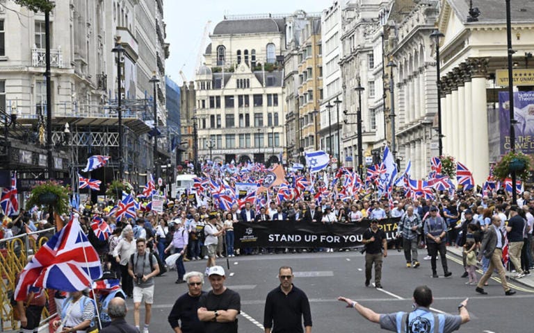 Britain's March Against Antisemitism approaches Trafalgar Square, September 7, 2025 (Nathan Lilienfed/Campaign Against Antisemitism)