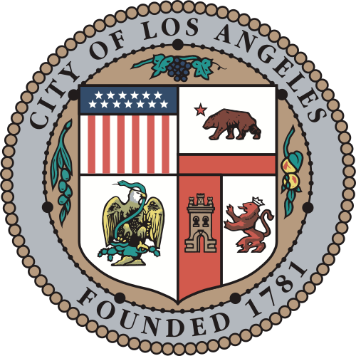 The current official seal of the City of Los Angeles, showing a central coat of arms with the American flag, California grizzly bear, eagle, castle, and lion. Along the border, olive branches, grapes, and other emblems are shown. The seal reads "City of Los Angeles, Founded 1781.