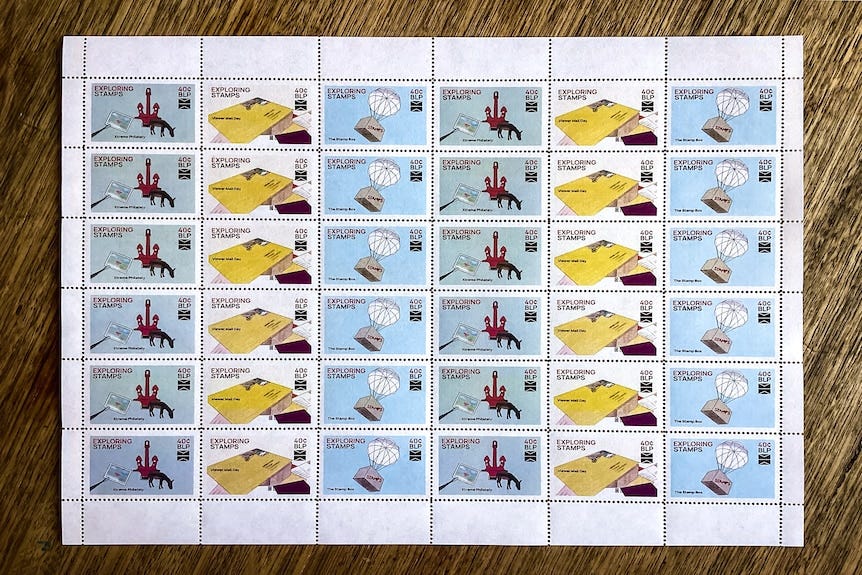 A sheet of colourful postage stamps. A sheet of colourful postage stamps.