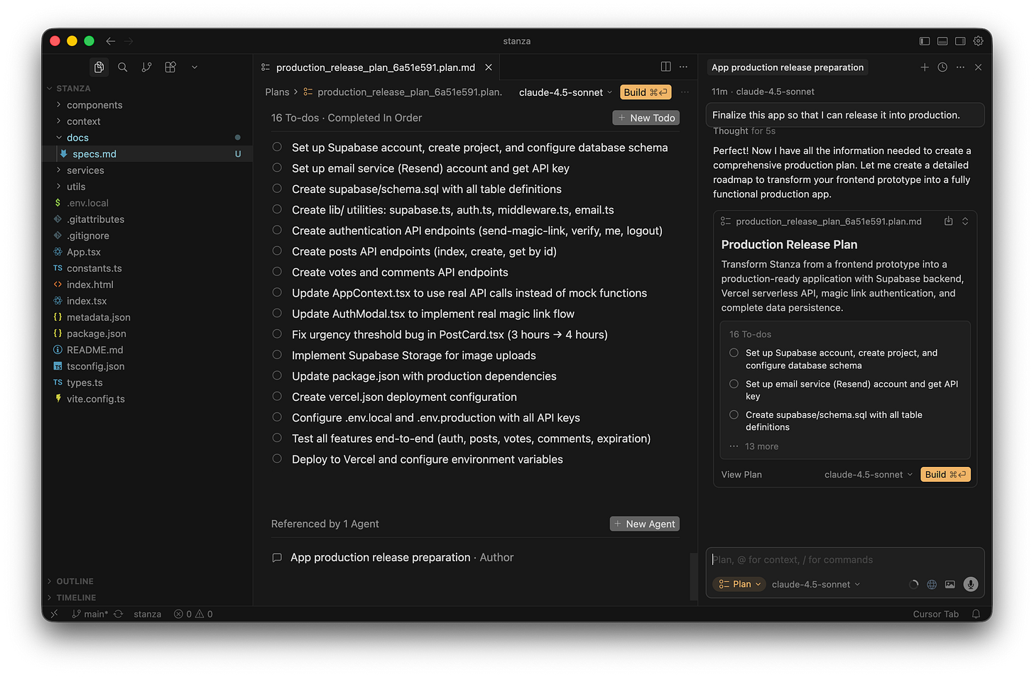 The Cursor chat window displays a checklist of sixteen required tasks and a yellow build button. The Cursor chat window displays a checklist of sixteen required tasks and a yellow build button.