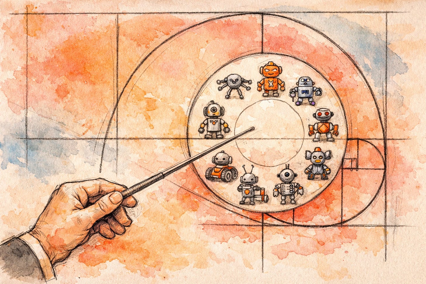 Orchestrating AI agents with Paperclip — a conductor directing multiple specialized agents on a shared blueprint