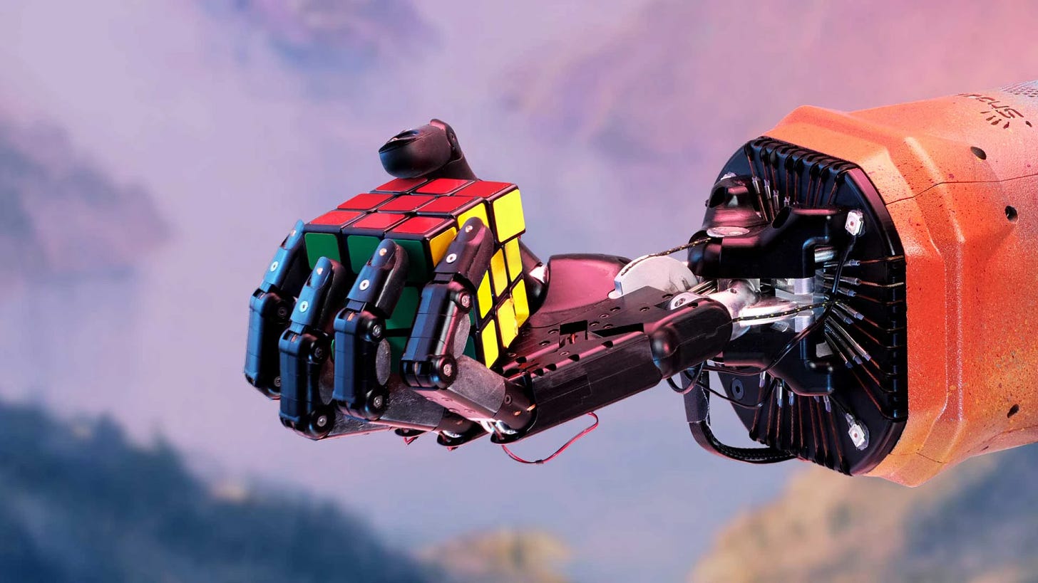 Outstretched robot arm solving a Rubik's cube in its palm in front of a cloudy purple background