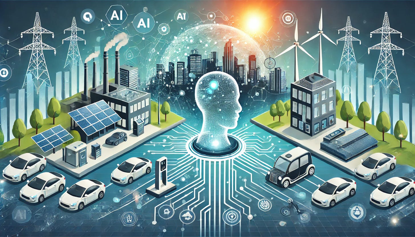 A futuristic illustration showing the growth of electric utilities with the rise of AI and electric vehicles (EVs). On one side, depict a modern cityscape with AI-driven buildings and infrastructure, including solar panels and wind turbines. On the other side, show a network of electric vehicles connected to charging stations. In the center, highlight a large electric utility grid connecting both sides, symbolizing the investment opportunities. Use bright colors and clean, modern design elements to convey innovation and growth.