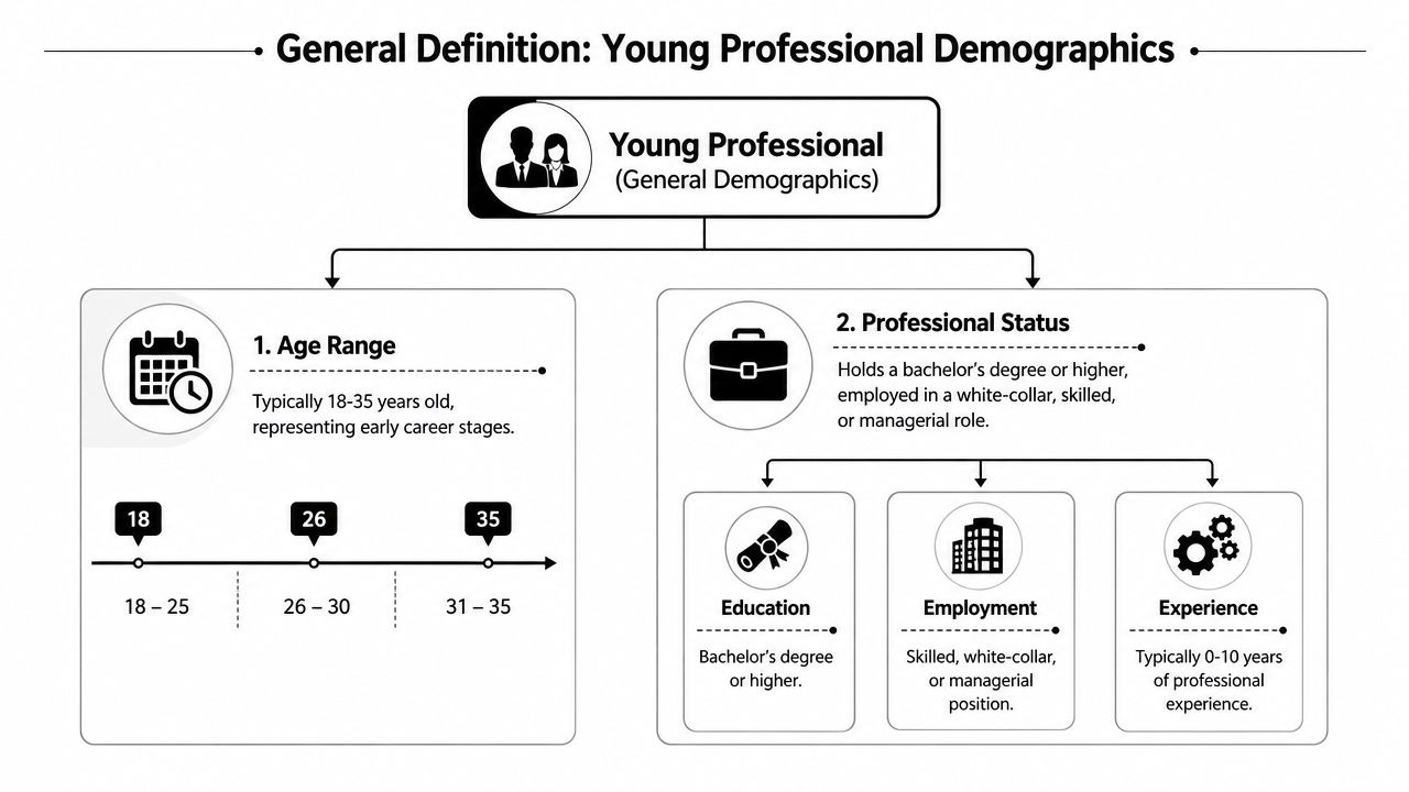 An infographic defining young professional demographics, including age ranges, education, employment, and professional work experience.