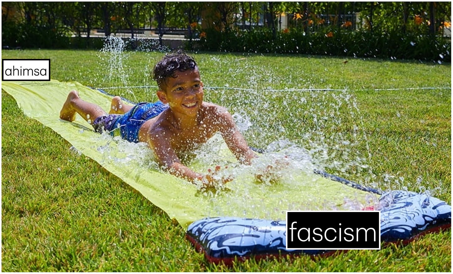 A boy sliding along a Slip N Slide with water splashing. One end of the Slip N Slide is labeled "ahimsa" while the end he is sliding towards is labeled "fascism" A boy sliding along a Slip N Slide with water splashing. One end of the Slip N Slide is labeled "ahimsa" while the end he is sliding towards is labeled "fascism"