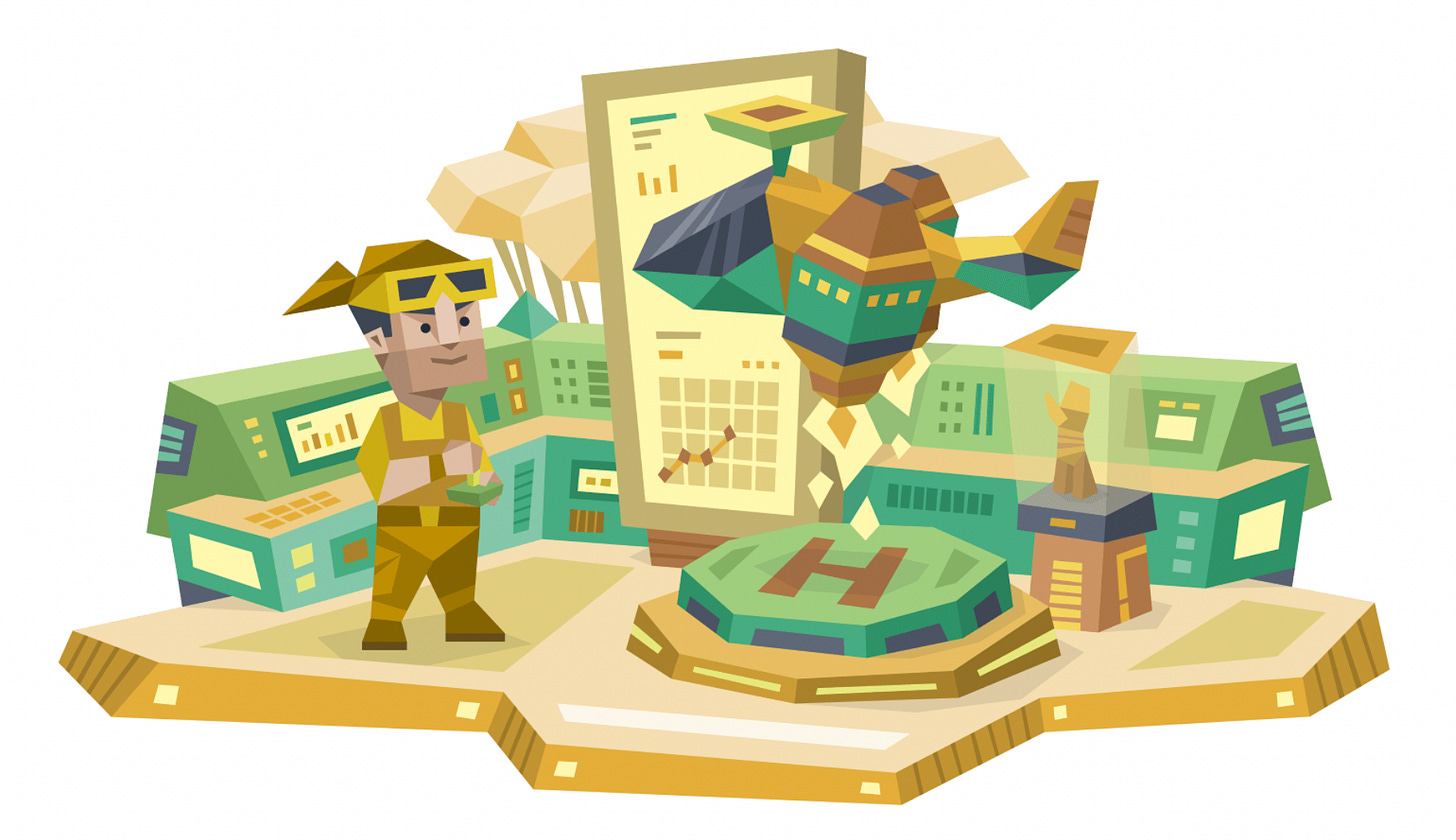 An ISTP (Virtuoso) man standing in his workshop testing his latest hovercraft invention. He is surrounded by futuristic machines and a large display screen showing data.