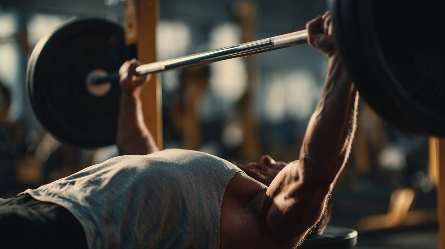 Fit man wearing light blue shirt on the bench press in the gym. Fit man wearing light blue shirt on the bench press in the gym.