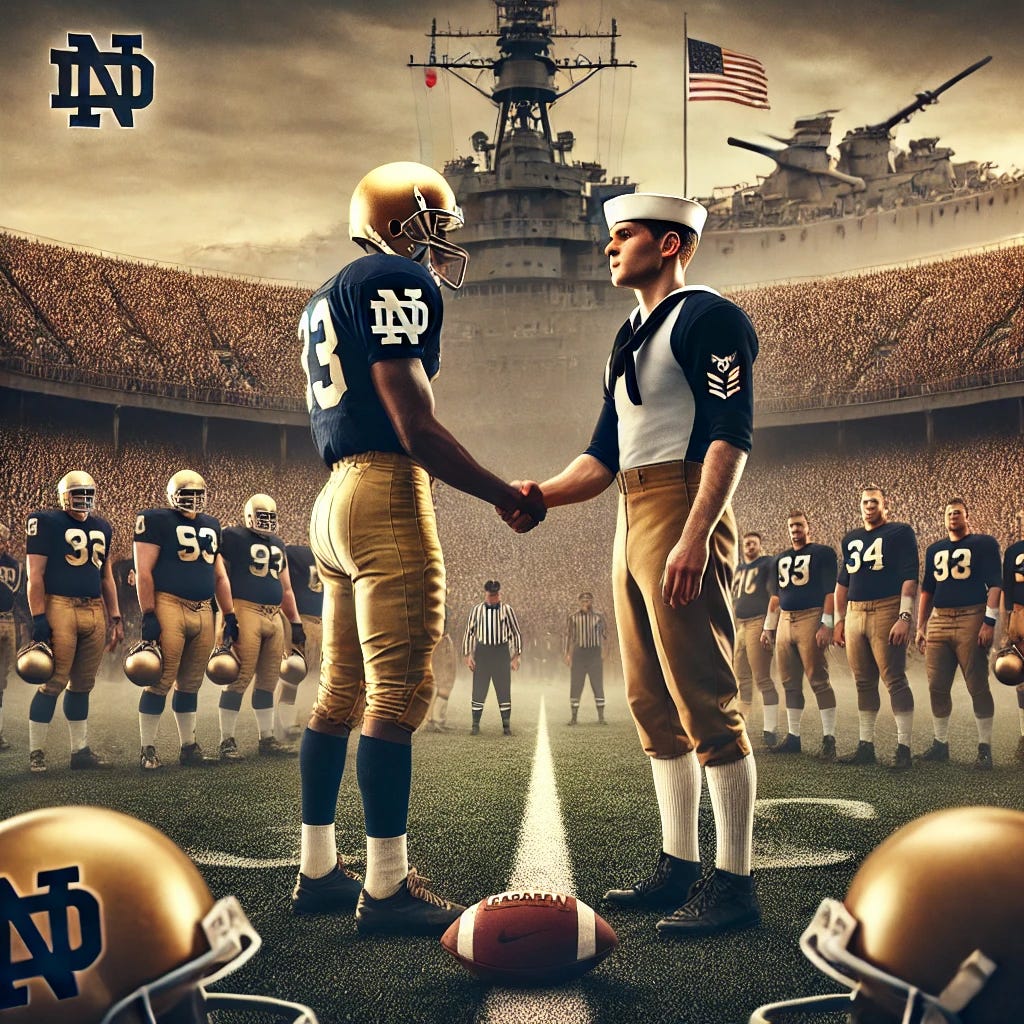 A dramatic image depicting the Notre Dame and Navy football rivalry. The scene shows two football players, one in a vintage Notre Dame uniform and the other in a Navy uniform, shaking hands on a field surrounded by a historic stadium filled with cheering fans. A subtle background hints at a World War II-era naval ship, representing the connection between the two institutions during wartime. The players’ uniforms are classic, with Notre Dame in gold and blue and Navy in navy blue and white. The atmosphere is respectful and nostalgic, capturing the spirit of tradition and friendship. The image has a warm, timeless feel, reminiscent of vintage sports photography. Size: 1024x1024