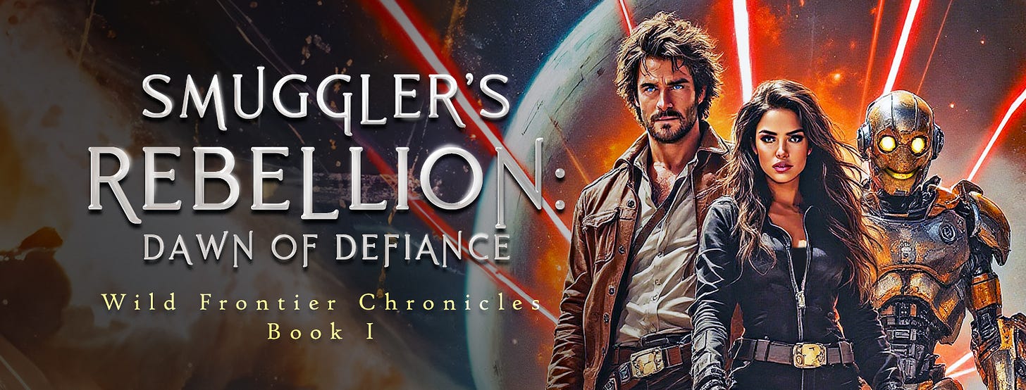 Book cover for Smuggler's Rebellion: Dawn of Defiance featuring three characters - a rugged man with dark hair in a brown leather jacket, a woman with long dark hair in black clothing, and a gold-colored robot. Red laser beams streak across a space background with planets. Wild Frontier Chronicles Book I appears at bottom.