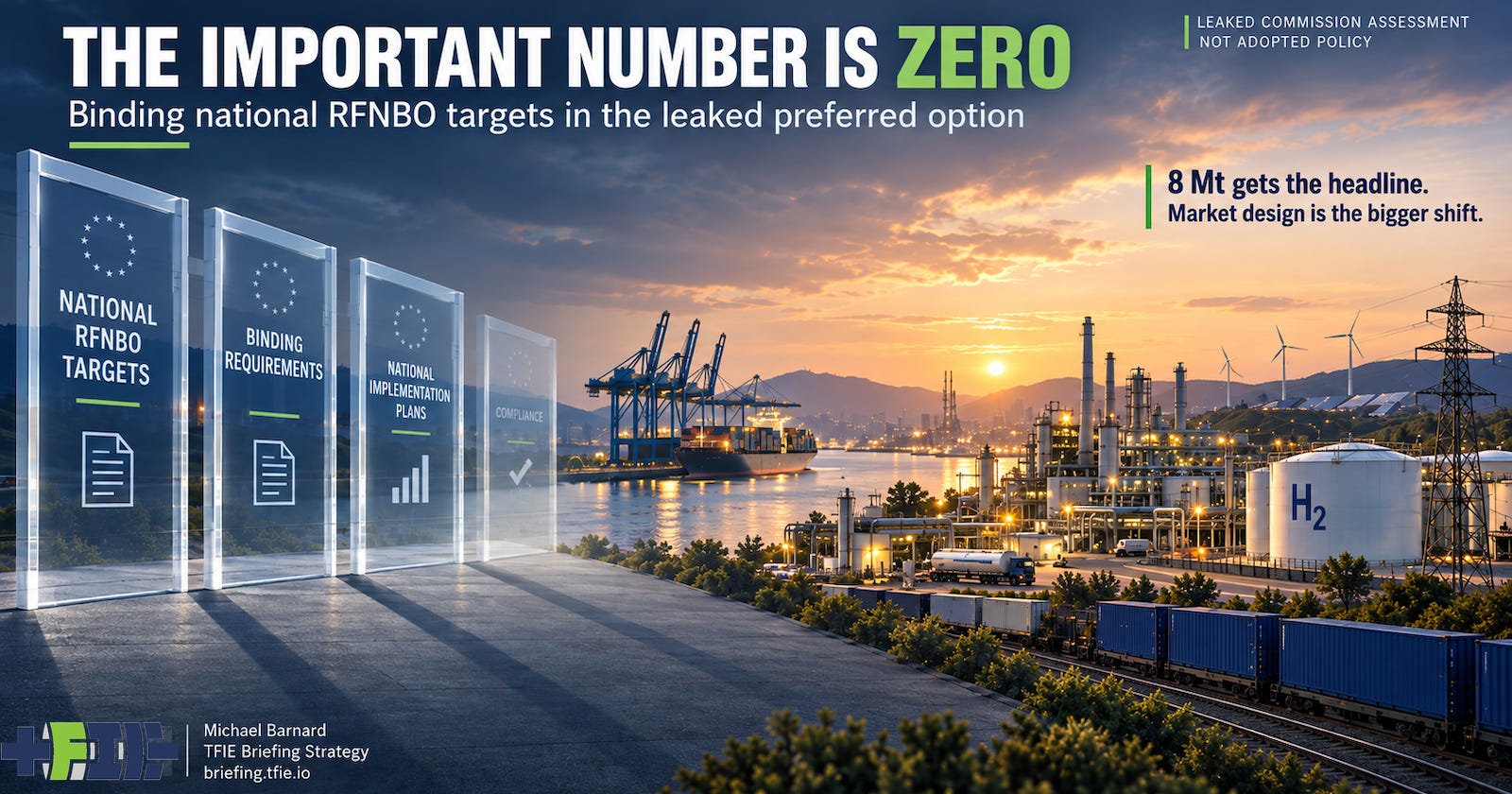 European industrial landscape behind fading regulatory gates labelled as national RFNBO requirements, beneath the headline “The Important Number Is Zero,” referring to binding national targets in the leaked preferred option. European industrial landscape behind fading regulatory gates labelled as national RFNBO requirements, beneath the headline “The Important Number Is Zero,” referring to binding national targets in the leaked preferred option.